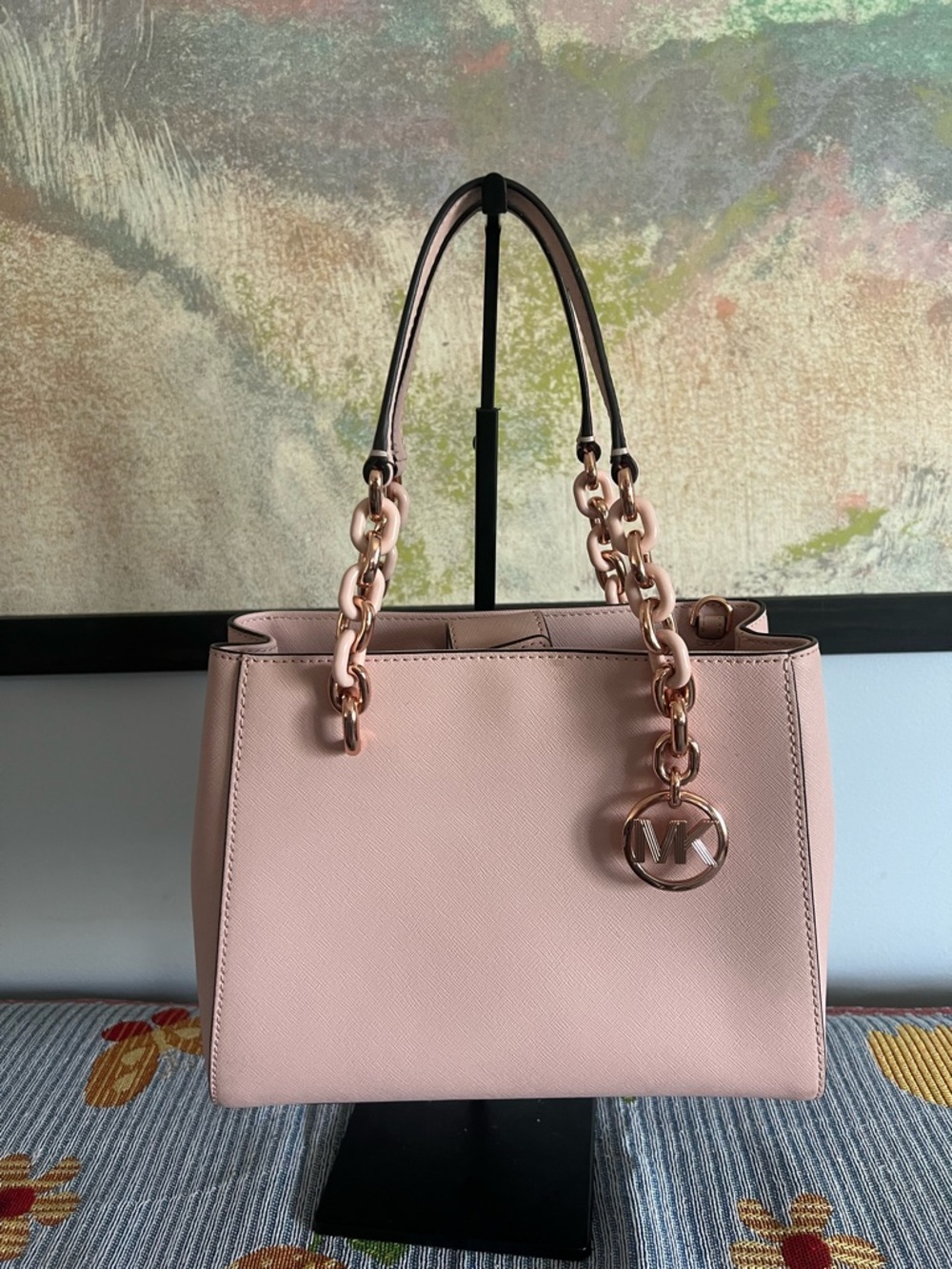 Michael Kors Blush Pink Saffiano Shoulder Tote with Rose Gold Chain Detail